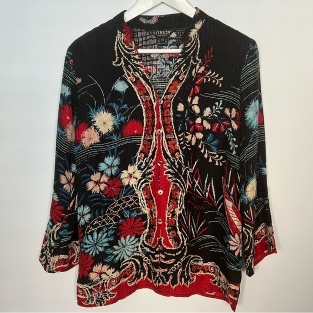CITRON Silk Floral Button-Down Blouse XS